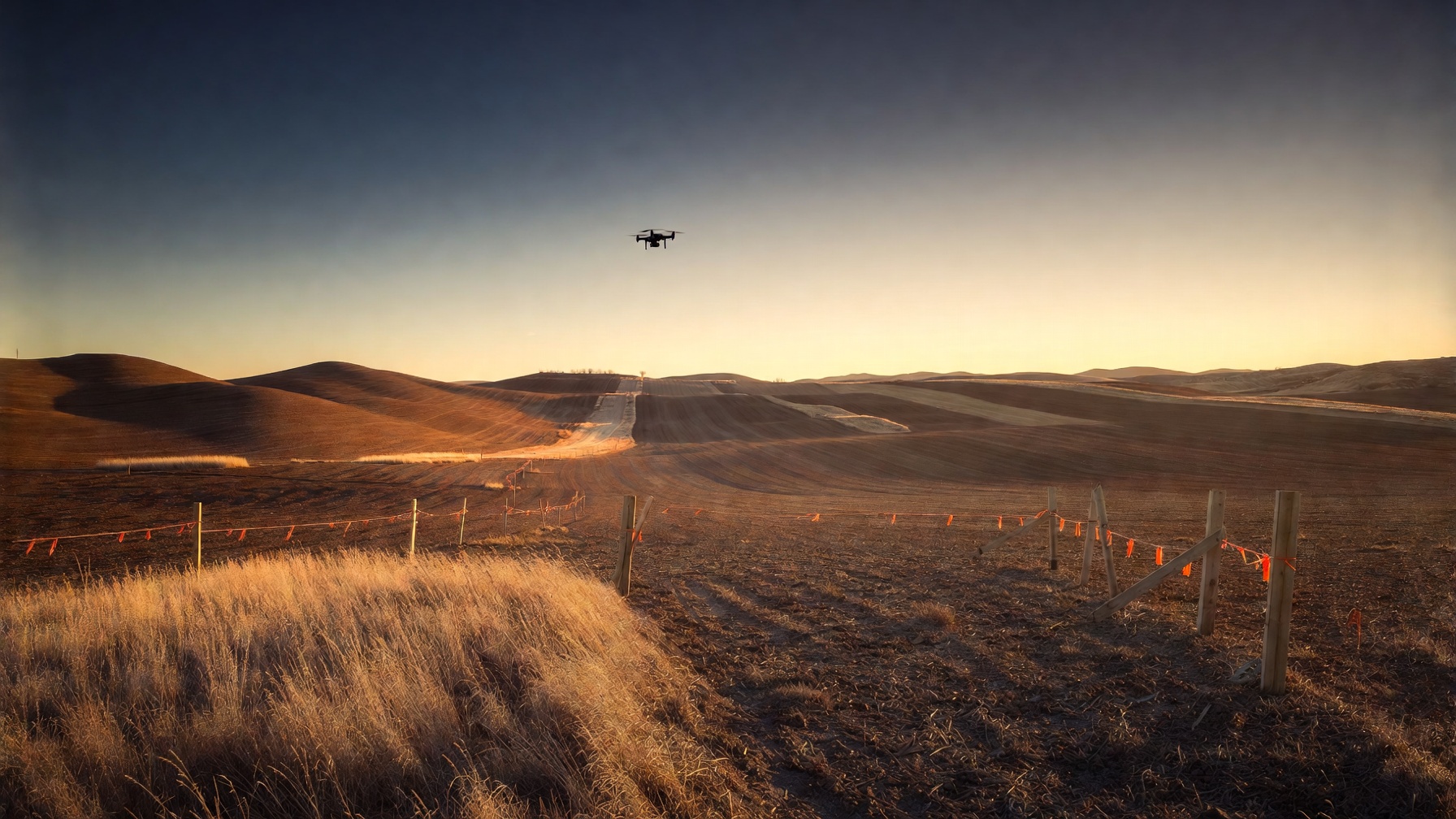 Survey stakes across undeveloped land at golden hour with a drone in the sky