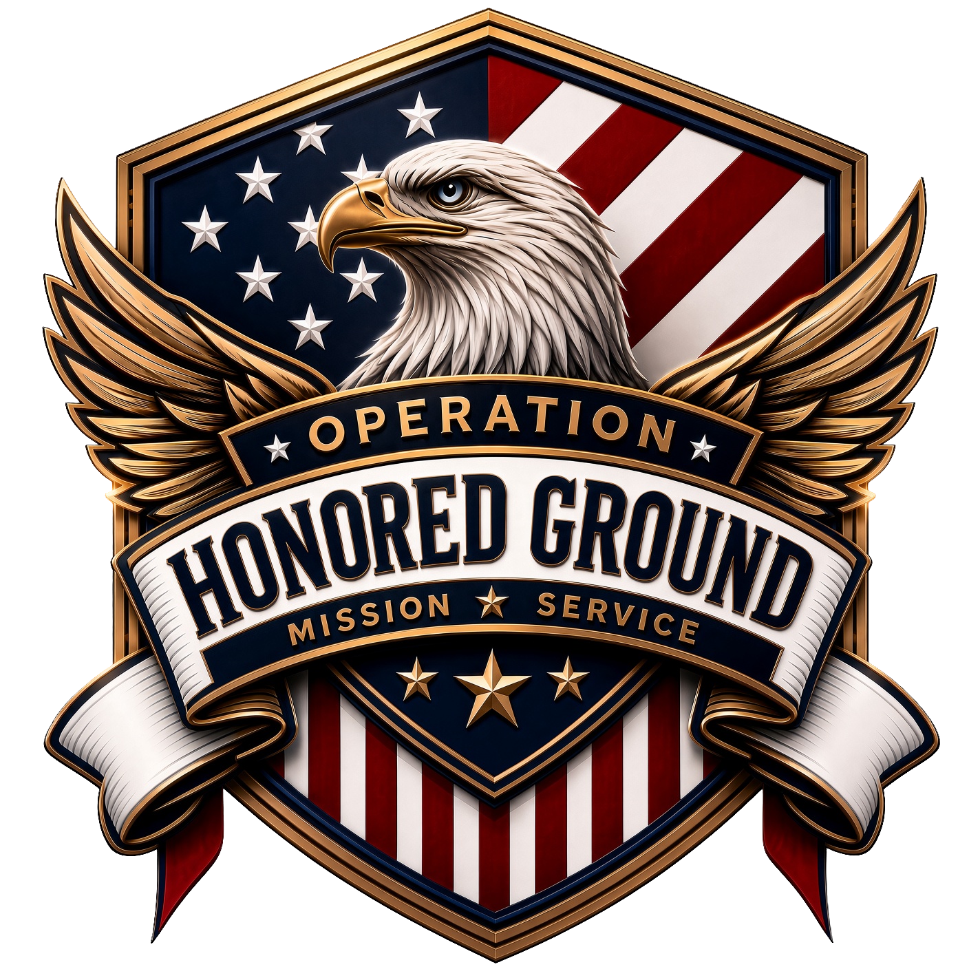 Operation Honored Ground seal — eagle, stars, and stripes. Mission. Service.